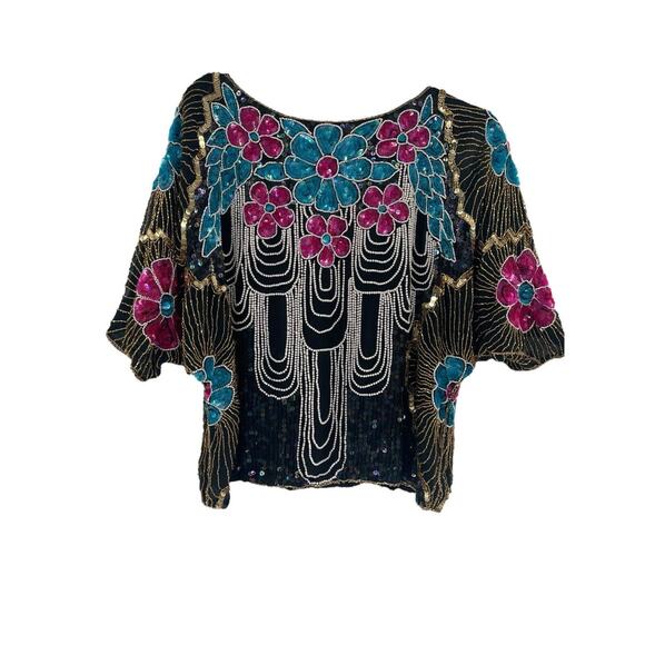 1980s Vintage Chanson D’Amour Sequined Beaded Top Silk Black Floral size Small - Picture 6 of 15